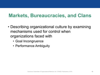 Markets, Bureaucracies, and Clans
• Describing organizational culture by examining
mechanisms used for control when
organizations faced with
• Goal Incongruence
• Performance Ambiguity
Scandura, Essentials of Organizational Behavior 2e. © SAGE Publications, 2019. 10
 