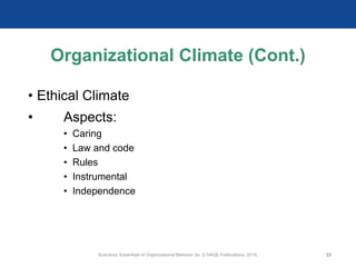 Organizational Climate (Cont.)
• Ethical Climate
• Aspects:
• Caring
• Law and code
• Rules
• Instrumental
• Independence
Scandura, Essentials of Organizational Behavior 2e. © SAGE Publications, 2019. 22
 