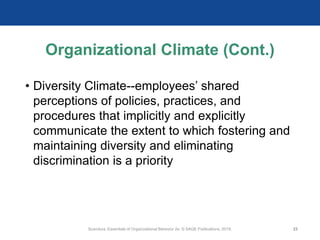 Organizational Climate (Cont.)
• Diversity Climate--employees’ shared
perceptions of policies, practices, and
procedures that implicitly and explicitly
communicate the extent to which fostering and
maintaining diversity and eliminating
discrimination is a priority
Scandura, Essentials of Organizational Behavior 2e. © SAGE Publications, 2019. 23
 