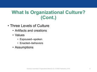 What Is Organizational Culture?
(Cont.)
• Three Levels of Culture
• Artifacts and creations
• Values
• Espoused--spoken
• Enacted--behaviors
• Assumptions
Scandura, Essentials of Organizational Behavior 2e. © SAGE Publications, 2019. 3
 