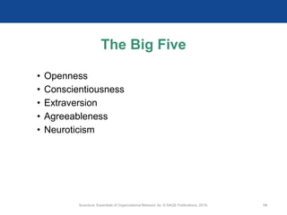 The Big Five
• Openness
• Conscientiousness
• Extraversion
• Agreeableness
• Neuroticism
Scandura, Essentials of Organizational Behavior 2e. © SAGE Publications, 2019. 14
 