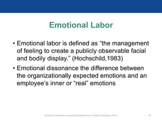 Emotional Labor
• Emotional labor is defined as “the management
of feeling to create a publicly observable facial
and bodily display.” (Hochschild,1983)
• Emotional dissonance the difference between
the organizationally expected emotions and an
employee’s inner or “real” emotions
Scandura, Essentials of Organizational Behavior 2e. © SAGE Publications, 2019. 13
 