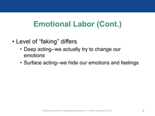 Emotional Labor (Cont.)
• Level of “faking” differs
• Deep acting--we actually try to change our
emotions
• Surface acting--we hide our emotions and feelings
Scandura, Essentials of Organizational Behavior 2e. © SAGE Publications, 2019. 16
 