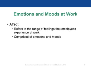 Emotions and Moods at Work
• Affect
• Refers to the range of feelings that employees
experience at work
• Comprised of emotions and moods
Scandura, Essentials of Organizational Behavior 2e. © SAGE Publications, 2019. 2
 