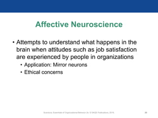 Affective Neuroscience
• Attempts to understand what happens in the
brain when attitudes such as job satisfaction
are experienced by people in organizations
• Application: Mirror neurons
• Ethical concerns
Scandura, Essentials of Organizational Behavior 2e. © SAGE Publications, 2019. 26
 