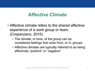 Affective Climate
• Affective climate refers to the shared affective
experience of a work group or team.
(Cropanzano, 2015)
• The climate, or tone, of the group can be
considered feelings that arise from, or in, groups
• Affective climates are typically referred to as being
affectively “positive” or “negative”
Scandura, Essentials of Organizational Behavior 2e. © SAGE Publications, 2019. 8
 
