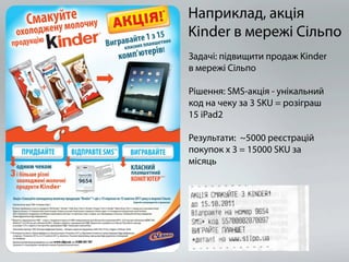 Наприклад, акція
Kinder в мережі Сільпо
Задачі: підвищити продаж Kinder
в мережі Сільпо

Рішення: SMS-акція - унікальний
код на чеку за 3 SKU = розіграш
15 iPad2

Результати: ~5000 реєстрацій
покупок х 3 = 15000 SKU за
місяць
 
