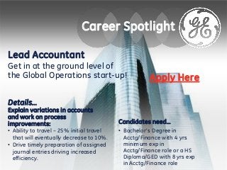 Career Spotlight
Details…
Explain variations in accounts
and work on process
improvements:
• Ability to travel – 25% initial travel
that will eventually decrease to 10%.
• Drive timely preparation of assigned
journal entries driving increased
efficiency.
Candidates need…
• Bachelor’s Degree in
Acctg/Finance with 4 yrs
minimum exp in
Acctg/Finance role or a HS
Diploma/GED with 8 yrs exp
in Acctg/Finance role
Lead Accountant
Get in at the ground level of
the Global Operations start-up! Apply Here
 