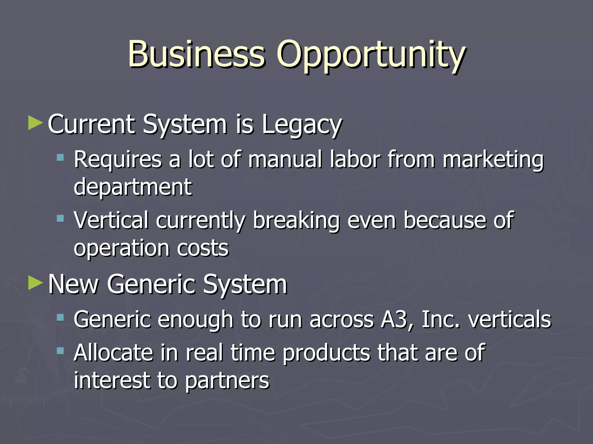 Business Opportunity Current System is Legacy Requires a lot of manual labor from marketing department Vertical currently breaking even because of operation costs New Generic System Generic enough to run across A3, Inc. verticals Allocate in real time products that are of interest to partners 