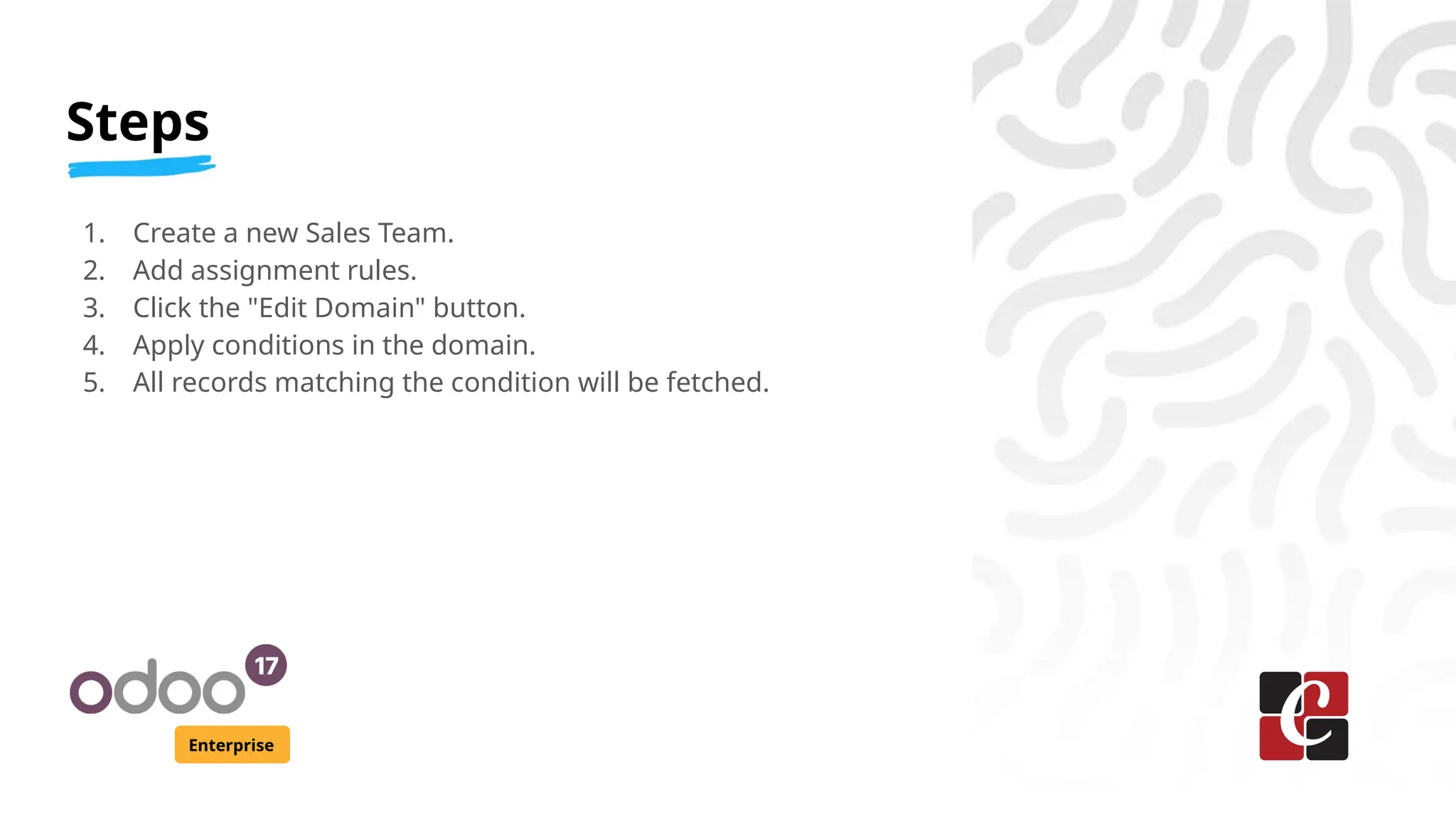Steps
Enterprise
1. Create a new Sales Team.
2. Add assignment rules.
3. Click the "Edit Domain" button.
4. Apply conditions in the domain.
5. All records matching the condition will be fetched.
 