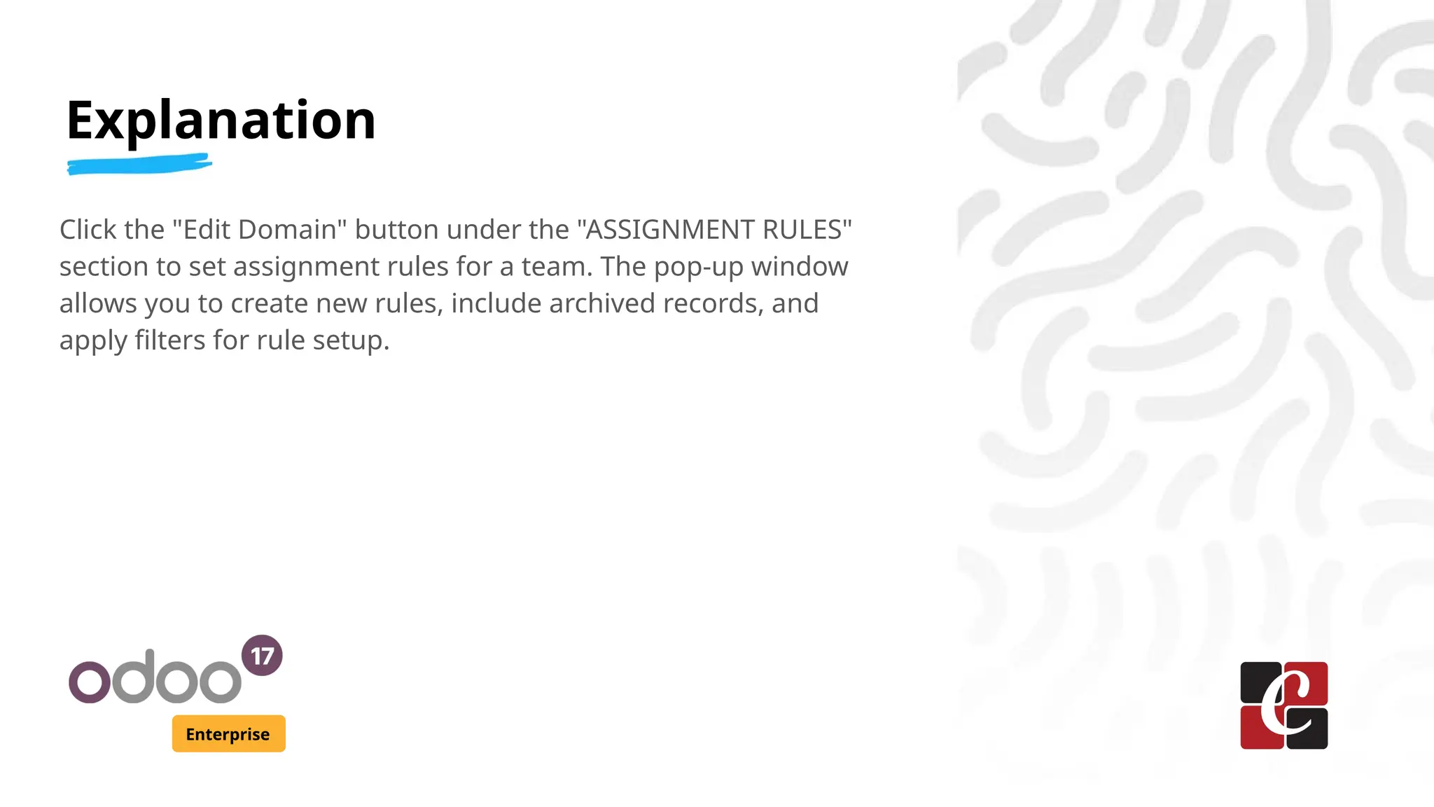 Explanation
Enterprise
Click the "Edit Domain" button under the "ASSIGNMENT RULES"
section to set assignment rules for a team. The pop-up window
allows you to create new rules, include archived records, and
apply filters for rule setup.
 