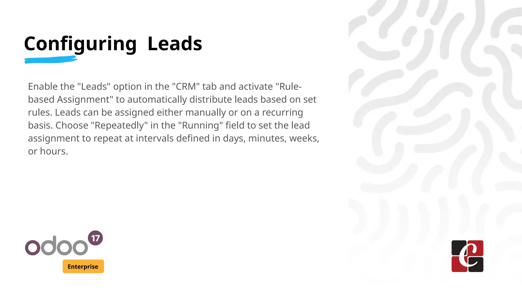 Configuring Leads
Enterprise
Enable the "Leads" option in the "CRM" tab and activate "Rule-
based Assignment" to automatically distribute leads based on set
rules. Leads can be assigned either manually or on a recurring
basis. Choose "Repeatedly" in the "Running" field to set the lead
assignment to repeat at intervals defined in days, minutes, weeks,
or hours.
 