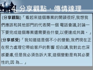 4. 分享觀點，傳情達理
(分享觀點)「看起來這個專案的開頭很好,我想我
們應該和其他部門的代表開一個 電話會議,討論一
下要完成這個專案還需要些什麼,以便達成共識。」
(分享感受)「我知道這是個不小的變動,我們現在正
在努力處理它帶給客戶的影響 坦白講,我對此也深
感憂慮,但是我必須告訴大家,這個變動是有其必要
性的,因 為… 」
 