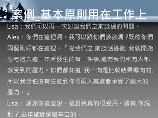 案例_基本原則用在工作上
Lisa：我們可以再一次討論我們之前談過的問題。
Alex：你們在這裡啊。我可以跟你們談談嗎 ?既然你們
兩個剛好都在這裡。「從我們之 前談話過後, 我就開始
思考過去這一年所發生的每一件事,還有我們所有人都
感受到的壓力。你們都知道, 我一向是比較結果導向的,
所以我恐怕沒有注意到你們兩人其實都承受了龐大的
壓力。」
Lisa： 謝謝你這麼說。這對我真的很受用。還有,你說
對了,去年確實是蠻辛苦的。
 