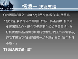情境一 技術支援
你的團隊成員之一李(Lee)來到你的辦公 室, 然後說 ：
「你知道, 我們的部門剛剛針對另一條產品線, 和技術
支援團隊合作。現在我們需要在短短兩個星期內作
好負責兩條產品線的準備! 我對於分內工作非常拿手,
但我不認為我有時間學習一組全新的產品! 這完全行
不通。」
李的個人需求是什麼?
 