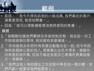 範例
• 敘述：「我今天得告訴我的小組成員, 我們最近的客戶
滿意度很低, 我很怕開會。」
• 回答:「我可以理解通報壞消息時感到的焦慮。」
敘述
1.「我剛剛知道我們要修改存貨控制流程。我在前一份工
作時做過類似程序, 我知道有多麼複雜。」
2. 「你知道我去年把所有表揚活動整合在一起, 但今年因
為有各國辦公室的加入, 規模會比去年大得多。謝謝你
向我提起這件事, 但我不確定我是否已準備好負責這麼
大一項專案。」
3. 「我們沒有人有時間在工作流程中再多加一個步驟。他
們不能一直要求我們做更多 ! 」
 