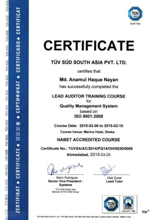 Lead Auditor Training Course Certificate for (QMS) based on ISO 9001  2008.