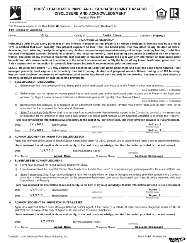 Lead based paint and lead based paint hazards disclosure and acknowledgement (rlbp)