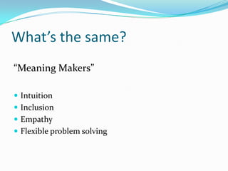 What’s the same?“Meaning Makers”IntuitionInclusionEmpathyFlexible problem solving