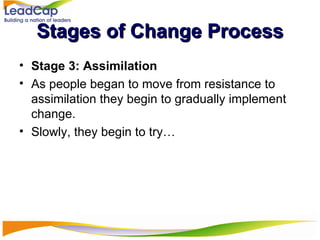 Stages of Change Process Stage 3: Assimilation As people began to move from resistance to assimilation they begin to gradually implement change.  Slowly, they begin to try… 