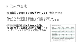 3. 成果の想定
• 非侵襲的な研究はとりあえずやってみるの精神で OK !
• CV/AI では研究開始前に正しい結果を想定し，
出力されている結果を客観的に評価することが重要
• 評価者は適切なデータセットを用い
検討されている課題なのかを判断すべき
⇒ データセットの工夫で成果は変わる
Ueda, D., Katayama, Y., Yamamoto, A., Ichinose, T., Arima, H., Watanabe, Y., ... & Miki, Y. (2021).
Deep Learning–based Angiogram Generation Model for Cerebral Angiography without Misregistration Artifacts.
Radiology, 299(3), 677. Table 1: Characteristics of Data Sets より引用
 