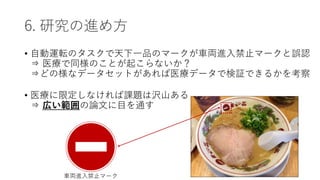 6. 研究の進め方
• 自動運転のタスクで天下一品のマークが車両進入禁止マークと誤認
⇒ 医療で同様のことが起こらないか？
⇒どの様なデータセットがあれば医療データで検証できるかを考察
• 医療に限定しなければ課題は沢山ある
⇒ 広い範囲の論文に目を通す
車両進入禁止マーク
 