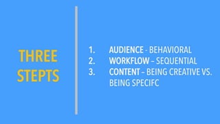 1. AUDIENCE - BEHAVIORAL
2. WORKFLOW – SEQUENTIAL
3. CONTENT – BEING CREATIVE VS.
BEING SPECIFC
THREE
STEPTS
 