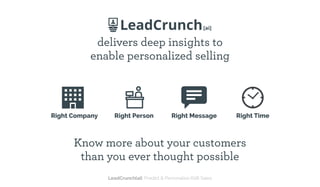 TARGET MARKET AS SEEN BY LEADCRUNCH[AI]
delivers deep insights to
enable personalized selling
Know more about your custome...