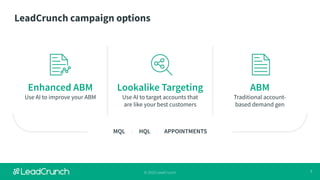 7© 2020 LeadCrunch
LeadCrunch campaign options
MQL | HQL | APPOINTMENTS
Enhanced ABM
Use AI to improve your ABM
Lookalike Targeting
Use AI to target accounts that
are like your best customers
ABM
Traditional account-
based demand gen
 