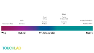 VM/InterpreterWeb NativeHybrid
Xamarin
iOS
Xamarin
AndroidResponsive Web Cordova
Traditional Android
React
Native
Flutter
Android/iOS
PWA
Traditional iOS
Wasm
 