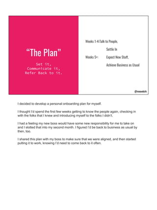 “The Plan”
Set it,
Communicate it,
Refer Back to it.
Weeks 1-4:Talk to People,
Settle In
Weeks 5+: Expect New Stuff,
Achie...
