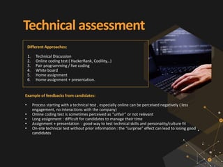 Technical assessment
Example of feedbacks from candidates:
• Process starting with a technical test , especially online can be perceived negatively ( less
engagement, no interactions with the company)
• Online coding test is sometimes perceived as “unfair” or not relevant
• Long assignment : difficult for candidates to manage their time
• Assignment + presentation : good way to test technical skills and personality/culture fit
• On-site technical test without prior information : the “surprise” effect can lead to losing good
candidates
Different Approaches:
1. Technical Discussion
2. Online coding test ( HackerRank, Codility,..)
3. Pair programming / live coding
4. White board
5. Home assignment
6. Home assignment + presentation.
 
