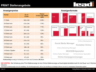 PRINT Stellenangebote
    Anzeigenpreise                                                                                                             Anzeigenformate
                                                                                Preise*
      Format                                       BxH
                                                                          in Euro zzgl. MwSt.
                                                  in mm
                                                                                 (s/w)

      1/1 Seite                                 180	
  x	
  246	
                  2.290,-

      3/4 Seite hoch                            133	
  x	
  246	
                  1.740,-

      3/4 Seite quer                            180	
  x	
  184	
                  1.740,-

      1/2 Seite hoch                             87	
  x	
  246	
                  1.200,-

      1/2 Seite quer                            180	
  x	
  121	
                  1.200,-

      3/8 Seite hoch                             87	
  x	
  184	
                   950,-

      3/8 Seite quer                            133	
  x	
  121	
                   950,-
                                                                                                                                                                   Online-Mediaplaner
      1/4 Seite hoch                             41	
  x	
  246	
                   620,-                         Social Media Manager
                                                                                                                                                               Kontakter Online
      1/4 Seite quer                             180	
  x	
  58	
                   620,-
                                                                                                                       Online Marketing Manager
      1/4 Seite 2 Spalten                        87	
  x	
  121	
                   620,-
                                                                                                                                          SEO/SEM-Spezialist
      1/8 Seite hoch                             41	
  x	
  121	
                   330,-                     Online-Sales Manager                        E-Commerce Spezialist
      1/8 Seite quer                              87	
  x	
  58	
                   330,-                                Online Kampagnenmanager
    Farbzuschlag einmalig pro Schaltung und Farbe nach Euroskala: 200,-Euro


IHR VORTEIL: Bei Schaltung einer Print-Stellenanzeige ist eine Online-Stellenanzeige auf lead-digital.de/stellenmarkt für die Dauer von 6 Wochen
inklusive.
*Die Preise für Stellenanzeigen sind nicht rabattfähig. 15% Vermittlungsprovision. Fällt nur bei Vermittlung von Aufträgen Dritter an und wird nur eingetragenen Werbemitteln gewährt.

Folie 12                                                                                                                                               Verlag Werben & Verkaufen GmbH, © 2011
 