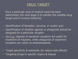 DRUG TARGET Once a particular area of medical need has been determined, the next stage is to identify the suitable drug target and it involves following: Identification of Receptor, enzyme, or nucleic acid Identification of whether agonist or antagonist should be designed for a particular receptor For e.g. :  Agonist of serotonin receptors are useful for treatment of migraine, while antagonist of dopamine receptors are useful as antidepressants. Target specificity & selectivity (to reduce side effects) Targeting drugs to specific organs & tissues 