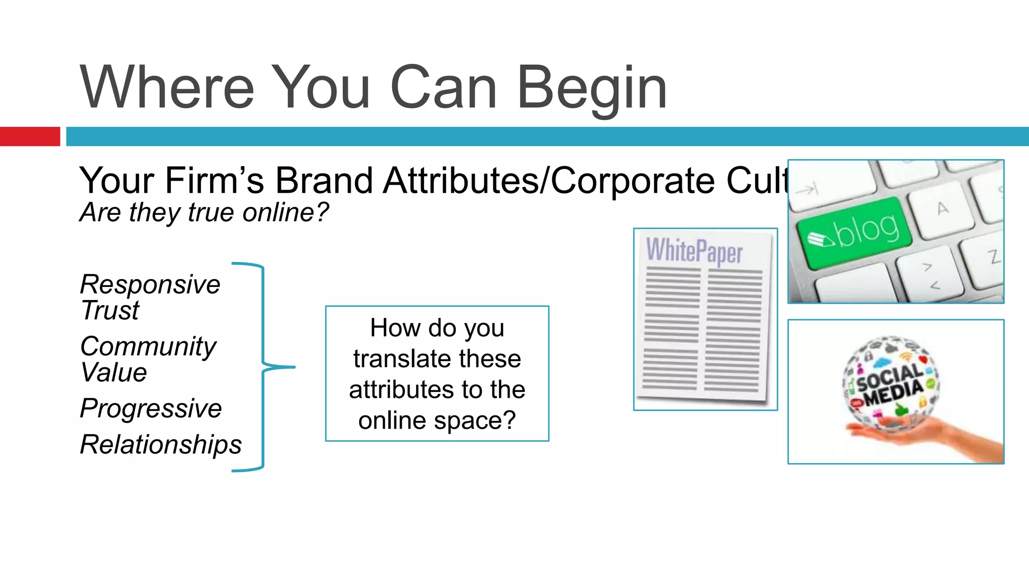 Where You Can Begin
Your Firm’s Brand Attributes/Corporate Culture
Are they true online?
Responsive
Trust
Community
Value
Progressive
Relationships
How do you
translate these
attributes to the
online space?
 