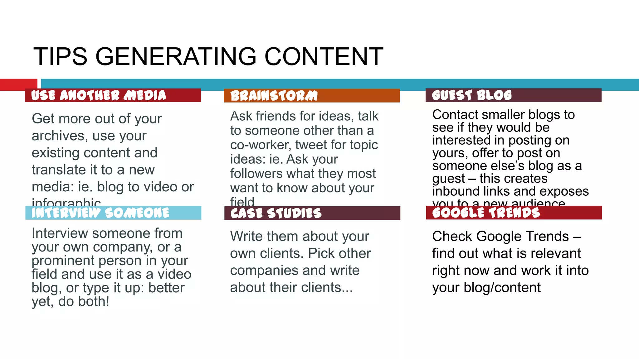 TIPS GENERATING CONTENT
Ask friends for ideas, talk
to someone other than a
co-worker, tweet for topic
ideas: ie. Ask your
followers what they most
want to know about your
field
Contact smaller blogs to
see if they would be
interested in posting on
yours, offer to post on
someone else’s blog as a
guest – this creates
inbound links and exposes
you to a new audience.
Write them about your
own clients. Pick other
companies and write
about their clients...
Check Google Trends –
find out what is relevant
right now and work it into
your blog/content
Get more out of your
archives, use your
existing content and
translate it to a new
media: ie. blog to video or
infographic.
Interview someone from
your own company, or a
prominent person in your
field and use it as a video
blog, or type it up: better
yet, do both!
USE ANOTHER MEDIA BRAINSTORM GUEST BLOG
INTERVIEW SOMEONE CASE STUDIES GOOGLE TRENDS
 