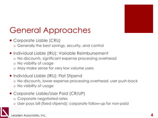 General ApproachesCorporate Liable (CRU)Generally the best savings, security, and controlIndividual Liable (IRU): Variable ReimbursementNo discounts, significant expense processing overhead