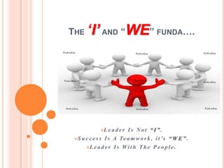 THE    ‘I’ AND “WE” FUNDA….




              L e a d e r   Is Not “I”.
 S u c c e s s   I s A Te a m w o r k , i t ’s “ W E ” .
       L e a d e r   I s Wi t h T h e P e o p l e .
 
