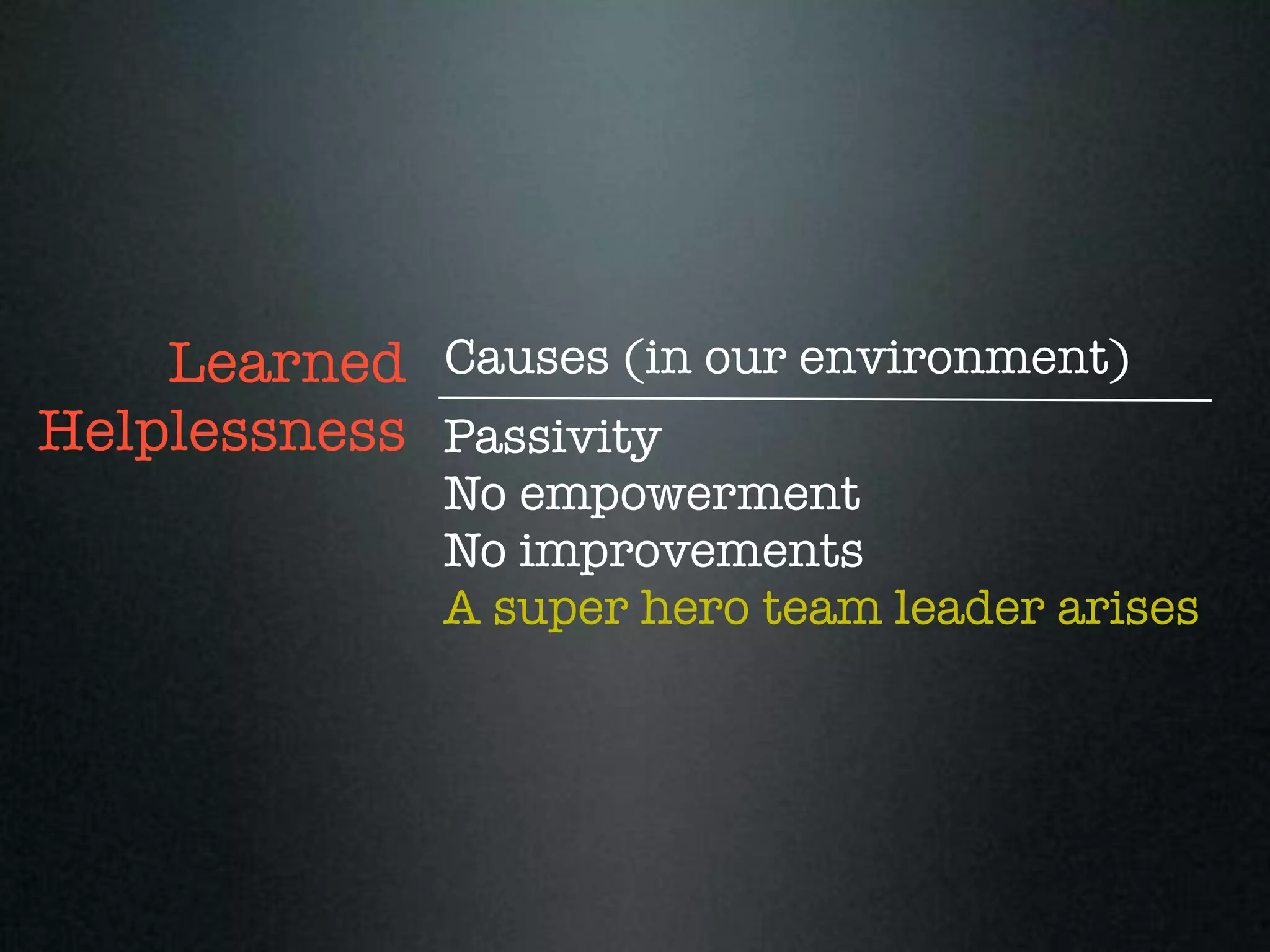 Learned Causes (in our environment)
Helplessness Passivity
              No empowerment
              No improvements
              A super hero team leader arises
 