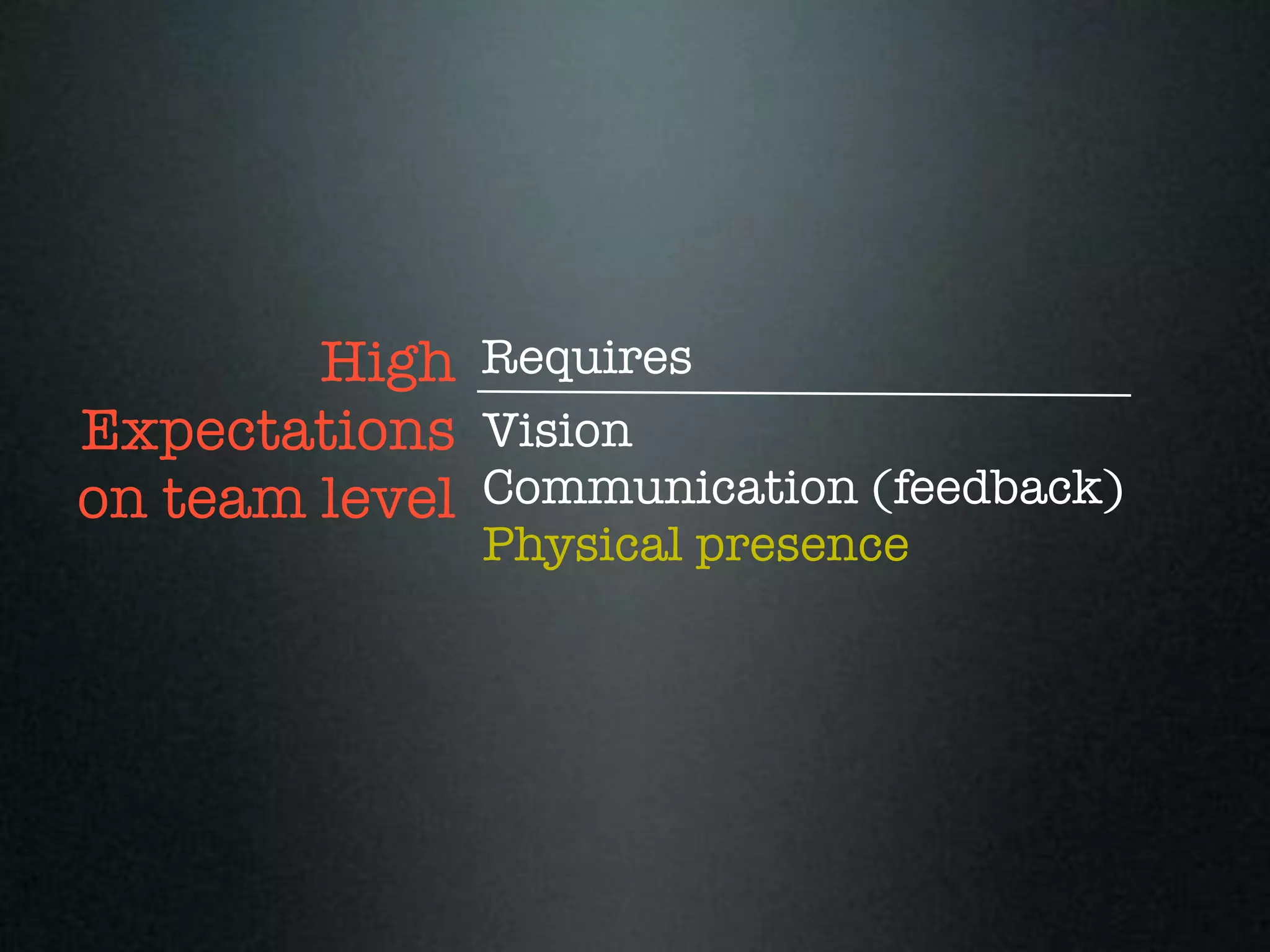High Requires
Expectations Vision
on team level Communication (feedback)
              Physical presence
 