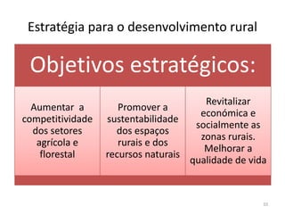 Estratégia para o desenvolvimento rural
Objetivos estratégicos:
Aumentar a
competitividade
dos setores
agrícola e
florestal
Promover a
sustentabilidade
dos espaços
rurais e dos
recursos naturais
Revitalizar
económica e
socialmente as
zonas rurais.
Melhorar a
qualidade de vida
10
 