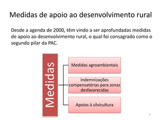 Medidas de apoio ao desenvolvimento rural
Medidas
Medidas agroambientais
Indemnizações
compensatórias para zonas
desfavorecidas
Apoios à silvicultura
6
Desde a agenda de 2000, têm vindo a ser aprofundadas medidas
de apoio ao desenvolvimento rural, o qual foi consagrado como o
segundo pilar da PAC.
 