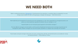 WE NEED BOTH
“Often in making the distinction, Management is characterized as less important, or somehow inferior to leadership. For some
strange reason leaders are seen as the good guys, managers the bad guys.” - Mitch McCrimmon
“Both leadership and management are functions but only management is a role. One is appointed to a managerial position, but
anyone can show leadership regardless of whether they are managers or not.”
“Inspired leaders are not necessarily good organizers and excellent managers.”
The most effective managers are also leaders, and the quality of leadership has become and increasingly important part of
management ability. Modern managers are more like coaches, facilitators or catalysts than assembly-line controllers.
“Great leaders and great managers listen well, are curious, manage their self-talk, and hold themselves accountable for moving
the business forward.” - Ericka Anderson, Proteus
 