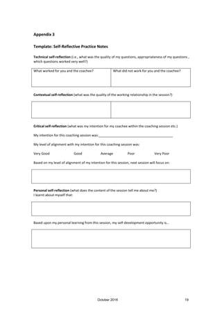 October 2016 19
Appendix 3
Template: Self-Reflective Practice Notes
Technical self-reflection (i.e., what was the quality of my questions, appropriateness of my questions ,
which questions worked very well?)
What worked for you and the coachee? What did not work for you and the coachee?
Contextual self-reflection (what was the quality of the working relationship in the session?)
Critical self-reflection (what was my intention for my coachee within the coaching session etc.)
My intention for this coaching session was:________________________________________
My level of alignment with my intention for this coaching session was:
Very Good Good Average Poor Very Poor
Based on my level of alignment of my intention for this session, next session will focus on:
Personal self-reflection (what does the content of the session tell me about me?)
I learnt about myself that:
Based upon my personal learning from this session, my self-development opportunity is…