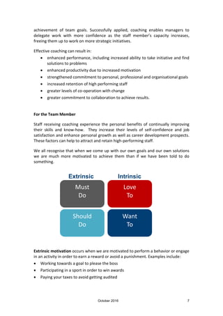 October 2016 7
achievement of team goals. Successfully applied, coaching enables managers to
delegate work with more confidence as the staff member’s capacity increases,
freeing them up to work on more strategic initiatives.
Effective coaching can result in:
enhanced performance, including increased ability to take initiative and find
solutions to problems
enhanced productivity due to increased motivation
strengthened commitment to personal, professional and organisational goals
increased retention of high performing staff
greater levels of co-operation with change
greater commitment to collaboration to achieve results.
For the Team Member
Staff receiving coaching experience the personal benefits of continually improving
their skills and know-how. They increase their levels of self-confidence and job
satisfaction and enhance personal growth as well as career development prospects.
These factors can help to attract and retain high-performing staff.
We all recognise that when we come up with our own goals and our own solutions
we are much more motivated to achieve them than if we have been told to do
something.
Extrinsic motivation occurs when we are motivated to perform a behavior or engage
in an activity in order to earn a reward or avoid a punishment. Examples include:
Working towards a goal to please the boss
Participating in a sport in order to win awards
Paying your taxes to avoid getting audited
Extrinsic
Must
Do
Should
Do
Love
To
Want
To
Intrinsic