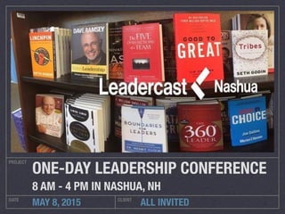 ALL INVITED
PROJECT
DATE CLIENT
MAY 8, 2015
ONE-DAY LEADERSHIP CONFERENCE
8 AM - 4 PM IN NASHUA, NH
 