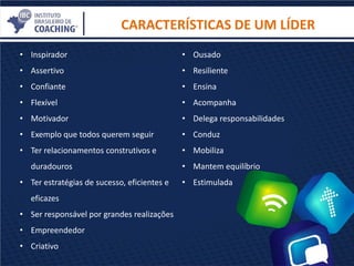 CARACTERÍSTICAS DE UM LÍDER
• Inspirador
• Assertivo
• Confiante
• Flexível
• Motivador
• Exemplo que todos querem seguir
• Ter relacionamentos construtivos e
duradouros
• Ter estratégias de sucesso, eficientes e
eficazes
• Ser responsável por grandes realizações
• Empreendedor
• Criativo
• Ousado
• Resiliente
• Ensina
• Acompanha
• Delega responsabilidades
• Conduz
• Mobiliza
• Mantem equilíbrio
• Estimulada
 