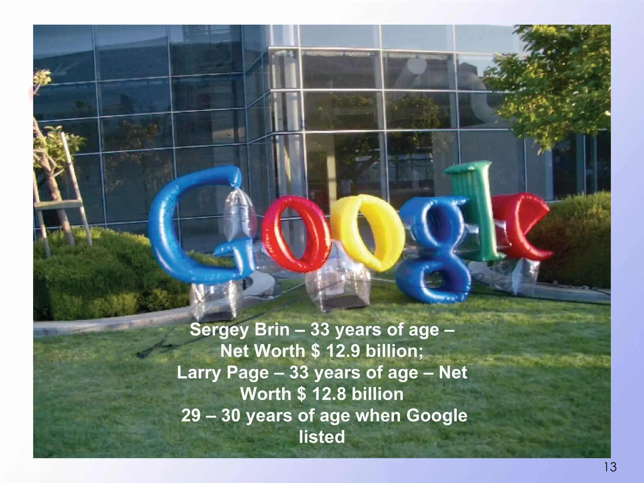 Sergey Brin – 33 years of age –
     Net Worth $ 12.9 billion;
Larry Page – 33 years of age – Net
       Worth $ 12.8 billion
29 – 30 years of age when Google
              listed
                                     13
 