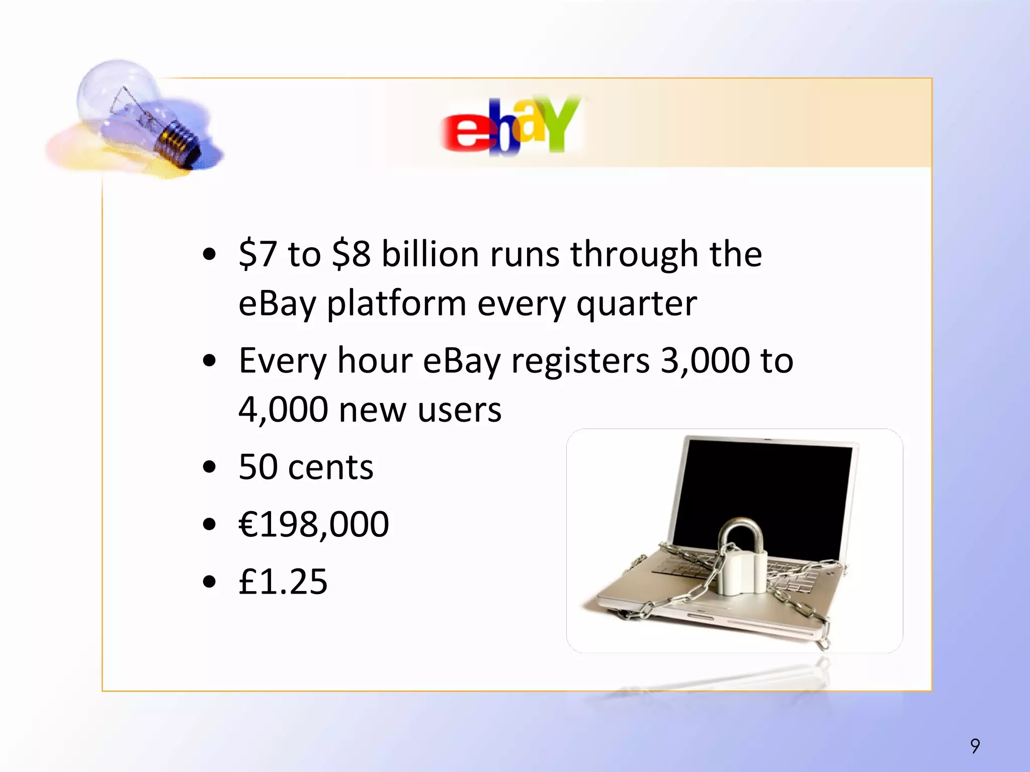 • $7 to $8 billion runs through the
  eBay platform every quarter
• Every hour eBay registers 3,000 to
  4,000 new users
• 50 cents
• €198,000
• £1.25


                                       9
 
