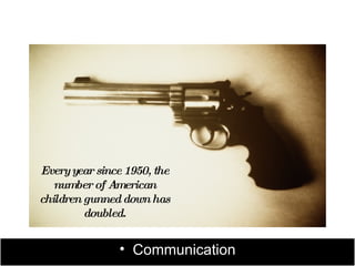 Every year since 1950, the
   number of American
children gunned down has
         doubled.


               • Communication
 